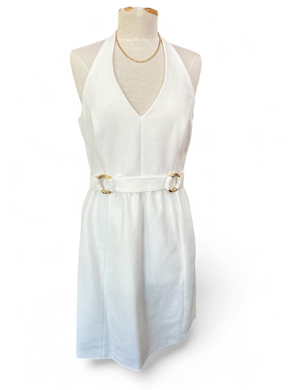 David Meister White Textured Halter Dress with Gold Hardware - Size 10